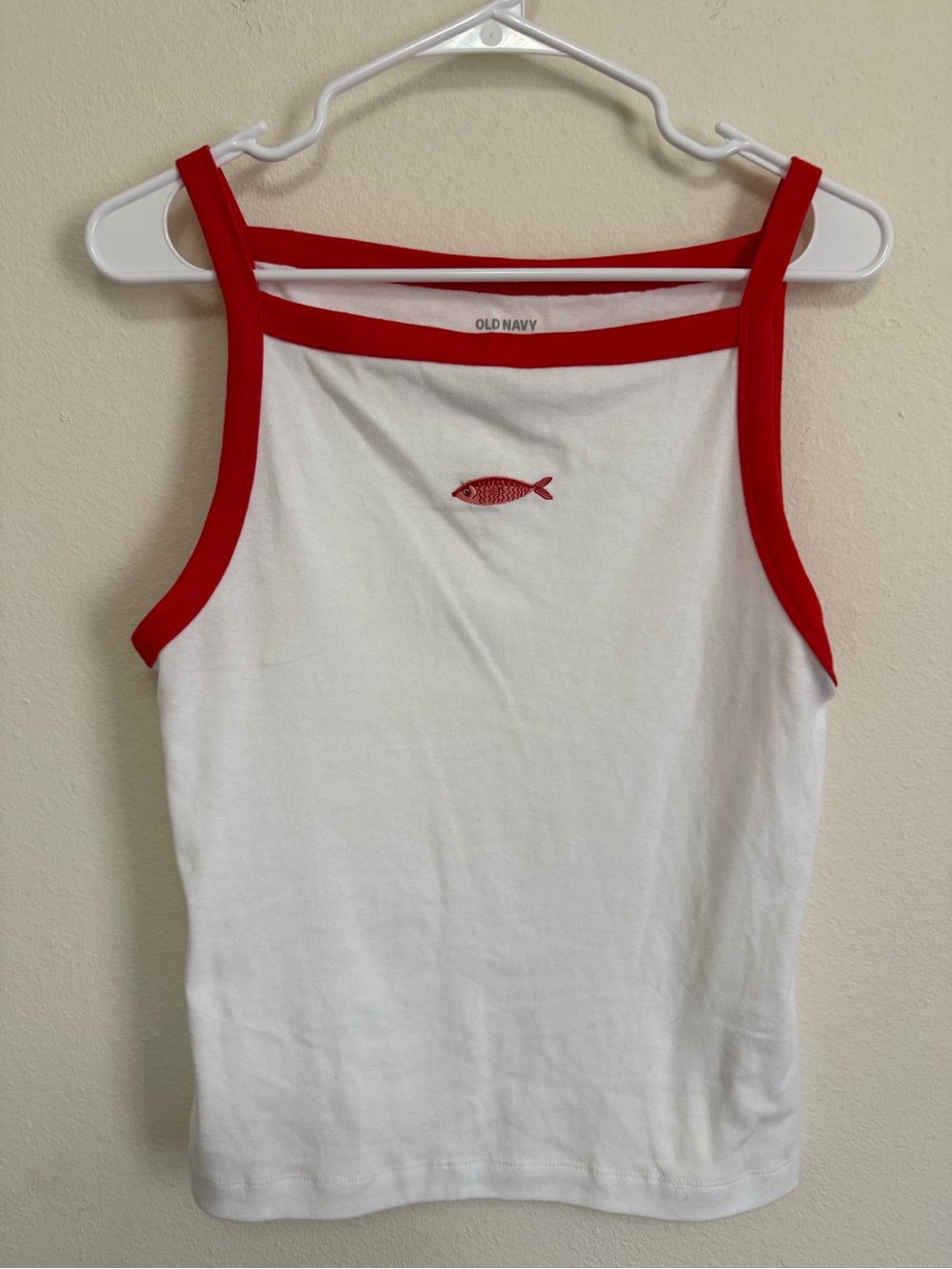 Old Navy White & Red Tank Top with Fish Embroidery